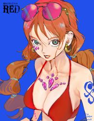 Rule 34 | banyuuishi, bare shoulders, bikini, bikini top only, braid, earrings, eyelashes, eyewear on head, green eyes, highres, hoop earrings, jewelry, nami (one piece), one piece, one piece film: red, orange hair, red bikini, shoulder tattoo, swimsuit, tattoo, twin braids, twintails