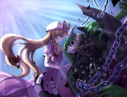 Rule 34 | 1boy, 1girl, blonde hair, bow, breasts, chain, closed mouth, crossover, demon wings, dress, elbow gloves, face-to-face, gloves, hair bow, hat, highres, horns, ishii (young-moon), long hair, looking at another, medium breasts, mob cap, monster, mystery hand, profile, puffy short sleeves, puffy sleeves, purple dress, purple eyes, red bow, short sleeves, sidelocks, single horn, skull, sky scourge norleras, smile, spikes, touhou, very long hair, white gloves, wings, yakumo yukari, yu-gi-oh!