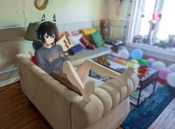 Rule 34 | 1girl, absurdres, balloon, bare legs, barefoot, black eyes, black hair, blurry, blurry background, breasts, catherine (sedai), cellphone, closed mouth, commentary, couch, crossed bangs, depth of field, drawn ears, english commentary, feet, full body, grey shirt, highres, holding, indoors, lamp, leaning back, legs, living room, long sleeves, medium breasts, original, phone, photo background, sedai, shadow, shirt, short hair, sidelocks, sitting, smartphone, soles, solo, table, toes