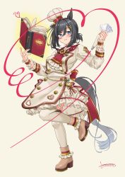 Rule 34 | 1girl, absurdres, animal ears, apron, black hair, blue eyes, book, boots, brown footwear, buttons, chef, chef hat, commentary, dated, double-breasted, dress, eishin flash (collect chocolatier) (umamusume), eishin flash (umamusume), full body, hair ornament, hairclip, hat, highres, horse ears, horse girl, horse tail, leg up, looking at viewer, mini hat, neckerchief, red neckerchief, sagoromo 04, short dress, short hair, signature, simple background, sleeves past elbows, smile, solo, standing, standing on one leg, tail, thighhighs, tilted headwear, umamusume, white apron, white dress, white hat, white thighhighs, wrist cuffs, yellow background