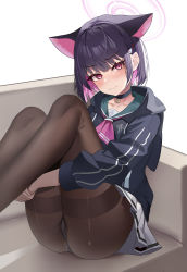 Rule 34 | 1girl, 3:, absurdres, animal ears, black hair, black jacket, blue archive, blush, brown pantyhose, cat ears, colored inner hair, feet out of frame, halo, highres, hood, hood down, hooded jacket, jacket, jbell, kazusa (blue archive), long sleeves, looking at viewer, multicolored hair, neckerchief, panties, panties under pantyhose, pantyhose, pendant choker, pink neckerchief, pleated skirt, red eyes, short hair, sitting, skirt, solo, thighband pantyhose, thighs, underwear, v-shaped eyebrows, white skirt