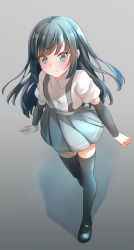 Rule 34 | 1girl, arm warmers, asashio (kancolle), black footwear, black hair, black thighhighs, blue eyes, closed mouth, collared shirt, comah, commentary request, dress shirt, from above, full body, grey background, grey skirt, highres, kantai collection, long hair, looking away, pleated skirt, shadow, shirt, shoes, short sleeves, skirt, smile, solo, standing, suspender skirt, suspenders, thighhighs, very long hair, white shirt