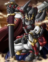 Rule 34 | 1boy, armor, artist request, black cape, cape, digimon, digimon (creature), dust, full armor, holding, holding sword, holding weapon, horns, looking at viewer, no humans, samurai, shoulder armor, simple background, solo, squatting, standing, sword, tactimon, weapon, yellow eyes