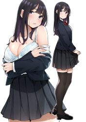 Rule 34 | 1girl, bare shoulders, black footwear, black hair, black jacket, black skirt, black thighhighs, blue bra, blue eyes, blush, bow, bowtie, bra, breasts, cleavage, closed mouth, collarbone, cowboy shot, from side, full body, jacket, large breasts, loafers, long hair, long sleeves, looking at viewer, looking to the side, miniskirt, multicolored hair, multiple views, off shoulder, open clothes, open jacket, original, pleated skirt, purple hair, red bow, red neckwear, sakura no tomoru hi e, school uniform, shoes, simple background, skirt, skirt hold, standing, thighhighs, two-tone hair, underwear, white background, zettai ryouiki