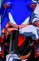 Rule 34 | 2boys, closed mouth, furry, furry male, gloves, green eyes, gun, handgun, highres, holding, holding gun, holding weapon, kokusoji, looking at viewer, male focus, multiple boys, no humans, shadow the hedgehog, simple background, sonic (series), sonic the hedgehog, weapon, white gloves