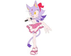 Rule 34 | 1girl, animal ears, blaze the cat, bow, cat ears, cat girl, cat tail, dress, forehead jewel, furry, furry female, hair bow, hair down, highres, holding, holding microphone, microphone, purple fur, simple background, sonic (series), tail, thighhighs, white background, white thighhighs, yamimatsu7, yellow eyes