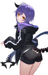 Rule 34 | 1girl, ass, black jacket, black shorts, braid, braided bangs, brown eyes, butt crack, character request, clothing cutout, commentary request, hair between eyes, hood, hood down, hooded jacket, horns, indie virtual youtuber, izumi sai, jacket, long sleeves, looking at viewer, looking back, open clothes, open jacket, purple hair, short shorts, shorts, simple background, single horn, sleeves past wrists, solo, standing, tail, tail through clothes, virtual youtuber, white background