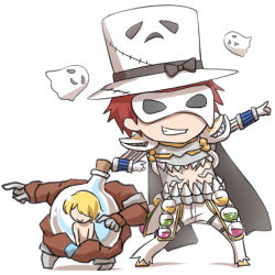 Rule 34 | 2boys, armor, black bow, blonde hair, bow, character print, chibi, closed mouth, commentary request, dieter (ragnarok online), faceless, faceless male, flask, full body, genetic (ragnarok online), ghost, gloves, grin, hat, hat bow, living clothes, looking to the side, male focus, mask, masked, masquerade mask, midriff, multiple boys, natsuya (kuttuki), pants, pauldrons, pointing, pointing to the side, ragnarok online, red hair, round-bottom flask, shoes, short hair, shoulder armor, simple background, smile, standing, teeth, top hat, whisper (ragnarok online), white background, white footwear, white gloves, white headwear, white pants