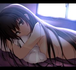Rule 34 | 1girl, afterglow, breasts, brown eyes, brown hair, dutch angle, large breasts, letterboxed, long hair, looking at viewer, lying, nude, on stomach, original, pillow, shirotaso0818, smile, solo, window