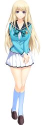 Rule 34 | 1girl, absurdres, blonde hair, blue eyes, bow, bowtie, breasts, feet, full body, highres, iizuki tasuku, large breasts, legs, long hair, long image, looking at viewer, lovely x cation 2, school uniform, shoes, simple background, skirt, socks, solo, standing, thighs, white background, yoshinoya seine