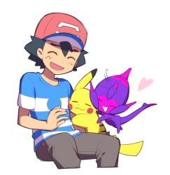 Rule 34 | 1boy, :d, ame (ame025), arm hug, ash ketchum, baseball cap, black hair, blue shirt, brown pants, closed eyes, creatures (company), game freak, gen 1 pokemon, gen 7 pokemon, hat, heart, invisible chair, male focus, nintendo, open mouth, pants, pikachu, poipole, pokemon, pokemon (anime), pokemon (creature), pokemon sm (anime), shirt, short hair, short sleeves, simple background, sitting, smile, striped clothes, striped shirt, t-shirt, ultra beast, white background, |d