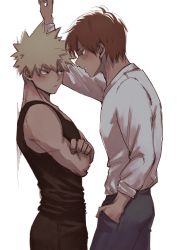 Rule 34 | 2boys, against wall, akimoto 28, arm up, bakugou katsuki, black pants, black tank top, blonde hair, blush, boku no hero academia, burn scar, closed mouth, commentary, cowboy shot, crossed arms, english commentary, from side, hand in pocket, highres, kabedon, long sleeves, looking at another, male focus, multiple boys, pants, red eyes, red hair, scar, scar on face, shirt, short hair, simple background, spiked hair, standing, tank top, todoroki shouto, toned, toned male, white background, white shirt, yaoi
