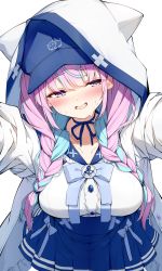 Rule 34 | 1girl, absurdres, animal hood, baseball cap, blue bow, blue bowtie, blue choker, blue hair, blue hat, blue ribbon, blue sailor collar, blue skirt, blush, bow, bowtie, braid, breasts, choker, commentary request, darjeeling (reley), hat, high-waist skirt, highres, hololive, hood, hood up, hooded jacket, jacket, large breasts, long hair, long sleeves, minato aqua, minato aqua (sailor), multicolored hair, neko (minato aqua), open clothes, open jacket, open mouth, outstretched arms, pink hair, pleated skirt, purple eyes, ribbon, ribbon choker, sailor collar, shirt, sideways glance, simple background, skirt, solo, sweat, twin braids, twintails, two-tone hair, virtual youtuber, white background, white jacket, white shirt