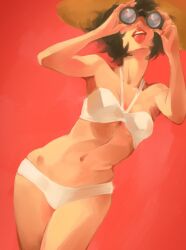 Rule 34 | 1girl, bare shoulders, bikini, binoculars, black hair, brown hat, cowboy shot, hands up, hat, highres, khyle., navel, oil painting (medium), open mouth, original, painting (medium), red background, red nails, shadow, short hair, simple background, solo, swimsuit, tongue, tongue out, traditional media, white bikini