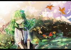Rule 34 | 1girl, ^ ^, alternate costume, autumn leaves, bad id, bad pixiv id, bondson, casual, closed eyes, contemporary, closed eyes, female focus, frog, green hair, hair ornament, kochiya sanae, leaf, letterboxed, long hair, nature, open mouth, snake, solo, touhou