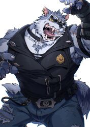 Rule 34 | 1boy, animal ears, armpits, artist logo, bara, black vest, claws, colored sclera, commentary, dislyte, ear piercing, earrings, english commentary, fangs, fingerless gloves, freddy (fenrir) (dislyte), furry, furry male, gamubear, gloves, highres, jewelry, looking at viewer, male focus, multiple scars, muscular, muscular male, open mouth, pants, pectoral cleavage, pectorals, piercing, red eyes, scar, scar across eye, scar on arm, sunglasses, tail, torn clothes, torn pants, vest, white background, wolf boy, wolf ears, wolf tail, yellow sclera