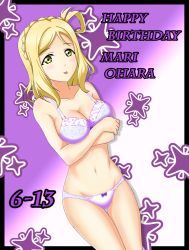 Rule 34 | 1girl, :p, ahoge, arjend, black border, blonde hair, blush, border, bow, bow bra, bow panties, bra, braid, breast hold, breasts, character name, cleavage, collarbone, commentary, crossed arms, crown braid, dated, english text, floral print, gradient background, happy birthday, highres, light blush, love live!, love live! sunshine!!, medium breasts, medium hair, ohara mari, panties, print bra, print panties, purple background, purple bra, purple panties, solo, standing, star (symbol), starry background, swept bangs, thigh gap, thighs, tongue, tongue out, underwear, yellow eyes