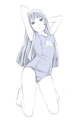 Rule 34 | 1girl, blunt bangs, long hair, monochrome, one-piece swimsuit, original, school swimsuit, sketch, solo, swimsuit, traditional media, yoshitomi akihito