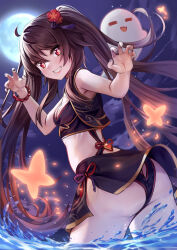 Rule 34 | 1girl, adapted costume, ahoge, ass, bangle, bare arms, black nails, black one-piece swimsuit, boo tao (genshin impact), bracelet, breasts, brown hair, brown skirt, bug, butterfly, claw pose, cleavage, crop top, flower, flower-shaped pupils, from side, full moon, genshin impact, ghost, glint, gold trim, grin, hair flower, hair ornament, hands up, highres, hu tao (genshin impact), insect, jewelry, long hair, looking at viewer, looking to the side, moon, one-piece swimsuit, outdoors, plum blossoms, red eyes, sidelocks, skirt, sky, sleeveless, small breasts, smile, solo, swimsuit, symbol-shaped pupils, teeth, tenneko yuuri, thighs, twintails, very long hair, wading, water