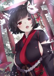 Rule 34 | 1girl, :o, absurdres, animal ear fluff, animal ears, azur lane, black kimono, blunt bangs, breasts, cat ears, cat mask, commentary request, cotton kanzaki, fang, highres, japanese clothes, kimono, large breasts, looking at viewer, mask, mask on head, outdoors, red eyes, short hair, sideboob, solo, torii, yamashiro (azur lane)