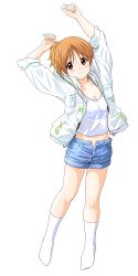 Rule 34 | 1girl, arms up, blue shorts, blush, breasts, brown eyes, brown hair, cleavage, clothes writing, collarbone, dresstrip, eyebrows, facing viewer, full body, hair ribbon, highres, hirasawa ui, jacket, k-on!, looking at viewer, medium breasts, midriff, navel, no shoes, open clothes, open fly, open jacket, open shorts, panties, ponytail, ribbon, shirt, shorts, simple background, smile, solo, tank top, unbuttoned, underwear, unfastened, white background, white legwear, white shirt