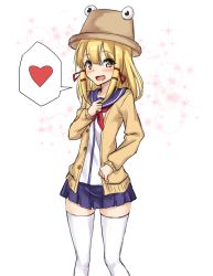 Rule 34 | 1girl, :d, alternate costume, amagi (amagi626), blonde hair, blue skirt, blush, brown eyes, brown hat, commentary request, contemporary, feet out of frame, hair between eyes, hair ribbon, hand up, hat, heart, jacket, lens flare, long hair, long sleeves, looking at viewer, miniskirt, moriya suwako, open clothes, open jacket, open mouth, pleated skirt, red neckwear, red ribbon, ribbon, sailor collar, school uniform, serafuku, sidelocks, simple background, skirt, smile, solo, sparkle, spoken heart, standing, thighhighs, thighs, touhou, white background, white thighhighs, yellow jacket, zettai ryouiki