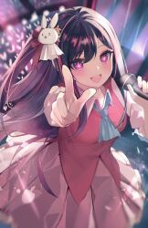 Rule 34 | 1girl, ascot, audience, bare shoulders, blue ascot, commentary, dress, glowstick, hair ornament, highres, holding, holding microphone, hoshino ai (oshi no ko), idol, long hair, microphone, multicolored hair, one side up, oshi no ko, pink dress, pink eyes, pointing, pointing at viewer, purple hair, rabbit hair ornament, solo, star-shaped pupils, star (symbol), streaked hair, symbol-shaped pupils, xoaiu