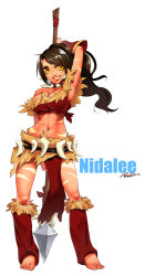 Rule 34 | 1girl, arm up, bare shoulders, barefoot, breasts, brown hair, character name, feet, large breasts, league of legends, long hair, midriff, navel, nidalee, polearm, ponytail, redlion, solo, weapon, yellow eyes