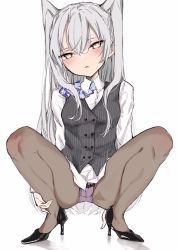 Rule 34 | 1girl, alternate costume, amatsukaze (kancolle), black pantyhose, brown eyes, chigasaki yukari, dress shirt, grey vest, highres, kantai collection, long hair, long sleeves, looking at viewer, no pants, office lady, panties, panties under pantyhose, pantyhose, pink panties, shirt, silver hair, simple background, solo, spread legs, squatting, striped clothes, striped vest, two side up, underwear, vest, white background, white shirt