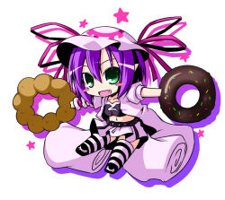 Rule 34 | 1girl, blush stickers, chibi, doughnut, facial mark, fang, female focus, food, green eyes, hat, ichimi, merry nightmare, midriff, open mouth, pink skirt, purple hair, skirt, smile, solo, striped clothes, striped thighhighs, tank top, thighhighs, white background, yumekui merry
