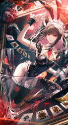 Rule 34 | 1girl, absurdres, ace (playing card), animal ear hairband, animal ears, black hair, black leotard, black nails, black thighhighs, blood, blood on flower, blunt bangs, bow, breasts, card, celestia ludenberg, covered navel, danganronpa: trigger happy havoc, danganronpa (series), detached collar, drill hair, fake animal ears, fingernails, fishnets, flower, frilled wrist cuffs, frills, garter straps, glass, hair bow, hair ornament, hairband, hand up, highres, jack (playing card), junpaku karen, king (playing card), lace, leaf, leg up, leotard, light, long hair, looking at viewer, medium breasts, nail polish, necktie, parted lips, picture frame, playboy bunny, playing card, queen (playing card), rabbit ear hairband, rabbit ears, red eyes, red flower, red necktie, red rose, rose, short sleeves, thighhighs, twintails, very long hair, water drop, white bow, white hair ribbon, wrist cuffs
