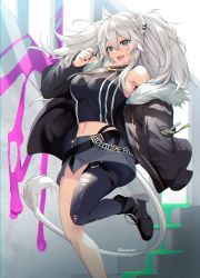 Rule 34 | 1girl, :d, absurdres, ahoge, akamoku, animal ears, bare shoulders, belt, black footwear, black nails, blush, boots, breasts, chromatic aberration, earrings, fang, film grain, fur-trimmed jacket, fur trim, grey eyes, grey hair, grey skirt, hair between eyes, highres, hololive, huge filesize, jacket, jewelry, large breasts, leg up, lion ears, lion girl, long hair, looking at viewer, midriff, nail polish, navel, necklace, open mouth, shirt, shishiro botan, skirt, sleeveless, sleeveless shirt, smile, solo, thigh strap, thighs, unzipped, virtual youtuber
