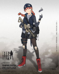 Rule 34 | bag, blue hat, blue vest, boots, braid, brown pantyhose, closed mouth, cross-laced footwear, explosive, eyewear on headwear, flashbang, floating hair, full body, girls&#039; frontline, gloves, grenade, grey shirt, grey skirt, gun, hand grenade, hat, headset, highres, holding, holding gun, holding weapon, knee pads, lace-up boots, less-than-lethal weapon, long hair, long sleeves, m84 stun grenade, official art, orange hair, original, pantyhose, picatinny arsenal, pleated skirt, pouch, r4-c (sola7764), rainbow six siege, red eyes, red footwear, rheinmetall 9-bang stun grenade, shirt, sidelocks, single braid, skirt, sola7764, solo, stun grenade, thigh pouch, thigh strap, tossing, trigger discipline, vest, weapon