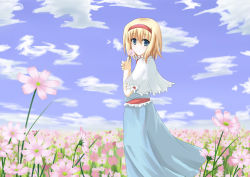 Rule 34 | 1girl, alice margatroid, blonde hair, blue dress, blue eyes, blush, cloud, day, dress, female focus, field, flower, flower field, hairband, holding, looking at viewer, looking back, outdoors, own hands together, short hair, sky, smelling, smile, snowdust (pixiv), solo, standing, touhou