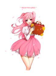 Rule 34 | 1girl, :d, aegyo, bad id, bad twitter id, bag, cherry blossom cookie, cookie run, eyelashes, highres, korean text, long hair, long sleeves, open mouth, original, petals, petticoat, pink hair, pink skirt, puffy long sleeves, puffy sleeves, red ribbon, ribbon, short twintails, skirt, smile, solo, teeth, translated, twintails, two side up, white background