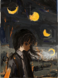 Rule 34 | 1girl, absurdres, black eyes, black hair, black jacket, ciel (paradis47), closed mouth, collared shirt, crescent moon, faux traditional media, full moon, highres, hime cut, jacket, long hair, long sleeves, looking to the side, moon, night, night sky, open clothes, open jacket, original, outdoors, shirt, sky, solo, standing, texture, torso