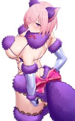 Rule 34 | 1girl, absurdres, arind yudha, ass, back, breasts, fate/grand order, fate (series), highres, huge breasts, mash kyrielight, mash kyrielight (dangerous beast), medium hair, pink hair, purple fur, simple background, solo, white background