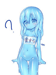 Rule 34 | 1girl, ?, arms at sides, blue hair, blue sclera, blue skin, blush, breasts, closed mouth, colored sclera, colored skin, cowboy shot, curss, long hair, monster girl, name tag, navel, no pussy, nude, original, simple background, slime girl, small breasts, solo, standing, thigh gap, white background