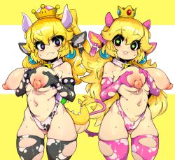 Rule 34 | 2girls, absurdres, alternate costume, animal ears, animal print, armlet, bell, black eyes, black gloves, black thighhighs, blonde hair, bowsette, bracelet, breasts, closed mouth, commentary, cow ears, cow print, cow tail, cowbell, crown, earrings, elbow gloves, english commentary, fang, gloves, highres, horns, jewelry, lactation, large breasts, lips, lizard tail, long hair, looking at viewer, mario (series), multiple girls, navel, neck bell, new super mario bros. u deluxe, nintendo, nipples, pink gloves, pink thighhighs, princess peach, slugbox, smile, sphere earrings, spiked armlet, spiked bracelet, spikes, standing, star-shaped pupils, star (symbol), super crown, sweat, symbol-shaped pupils, tail, thighhighs, two-tone background, white background, white horns, yellow background