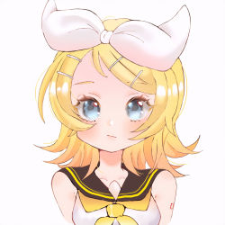 Rule 34 | 1girl, absurdres, bad id, bad pixiv id, blonde hair, blue eyes, bow, breasts, close-up, collarbone, commentary, hair bow, hair ornament, hairpin, highres, kagamine rin, looking at viewer, muko (m-nemoto0202), school uniform, serafuku, short hair, simple background, smile, solo, symbol-only commentary, vocaloid, white background, white bow