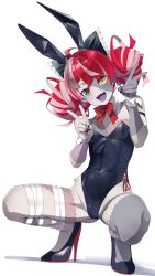 Rule 34 | 1girl, absurdres, ahoge, animal ear hairband, animal ears, arm strap, bandaged leg, bandages, bare shoulders, black footwear, black leotard, black nails, blush, bow, bowtie, colored skin, detached collar, double bun, double v, fake animal ears, fang, flat chest, full body, green eyes, hair bow, hair bun, hairband, hands up, head tilt, heterochromia, high heels, highleg, highleg leotard, highres, hololive, hololive indonesia, kureiji ollie, leotard, long hair, looking at viewer, multicolored hair, multicolored skin, open mouth, patchwork skin, pink hair, playboy bunny, rabbit ears, red bow, red bowtie, red eyes, red hair, shinomu (cinomoon), simple background, skin fang, smile, solo, squatting, stitched arm, stitched face, stitched leg, stitched torso, stitches, strapless, strapless leotard, v, virtual youtuber, white background, white wrist cuffs, wrist cuffs, yellow eyes, zombie