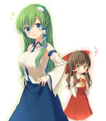 Rule 34 | 2girls, ascot, bad id, bad pixiv id, blue eyes, blush, bow, breast envy, breasts, brown eyes, brown hair, detached sleeves, female focus, flat chest, frog, frog hair ornament, gradient background, green hair, hair bow, hair ornament, hair tubes, hakurei reimu, hands on own hips, japanese clothes, kochiya sanae, large breasts, lips, long hair, looking at viewer, miko, multiple girls, simple background, skirt, smile, snake, touhou, white background, yue teitoku