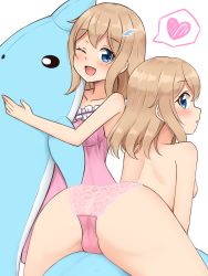 Rule 34 | 1girl, ;d, absurdres, aona (shiraha maru), bare arms, bare shoulders, blue eyes, breasts, commentary request, dress, eyes visible through hair, hair ornament, hairclip, highres, light blush, light brown hair, long hair, looking at viewer, medium breasts, multiple views, one eye closed, open mouth, original, panties, pink dress, pink panties, shiraha maru, shoulder blades, simple background, sleeveless, sleeveless dress, smile, straddling, stuffed animal, stuffed dolphin, stuffed toy, topless, underwear, underwear only, white background
