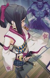 Rule 34 | 1girl, absurdres, black gloves, black hair, blue skirt, boots, bow, bridal gauntlets, brown footwear, crescent, crescent earrings, dango, demon, detached sleeves, earrings, food, food on face, gloves, hair bow, half updo, high ponytail, highres, holding, holding sword, holding weapon, japanese clothes, jewelry, katana, kimono, miniskirt, obi, original, pentagram, plaid, plaid skirt, pleated skirt, print kimono, red bow, red eyes, sash, scabbard, sheath, sheathed, short ponytail, skewer, skirt, standing, sword, thigh boots, thighhighs, tochi keisuke, wagashi, weapon