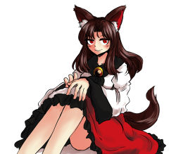 Rule 34 | 1girl, animal ears, bad id, bad pixiv id, blush, brooch, brown hair, collarbone, dress, highres, imaizumi kagerou, jewelry, long hair, looking at viewer, red eyes, simple background, sitting, smile, solo, tail, toluda, touhou, white background, wolf ears, wolf tail