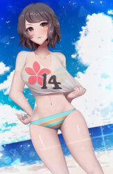 Rule 34 | beach, bikini, bird, breasts, brown eyes, brown hair, character request, closed mouth, cloud, collarbone, copyright request, curvy, dot nose, dutch angle, flower print, hand on own hip, highres, horizon, kamaniki, large breasts, looking away, matching hair/eyes, navel, ocean, sand, shiny skin, shirt, short hair, swimsuit, thighs, triangle, water, watermark