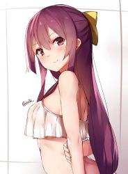 Rule 34 | 10s, 1girl, arms behind back, blush, bow, commentary request, crop top, crop top overhang, from side, hair bow, highres, kamikaze (kancolle), kantai collection, long hair, looking at viewer, looking back, orihi chihiro, purple eyes, purple hair, smile, solo, swimsuit, twitter username, upper body, white background