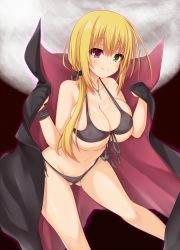 Rule 34 | 1girl, bikini, black bikini, black cape, black ribbon, blonde hair, blush, breasts, cape, cleavage, collarbone, cowboy shot, cross, cross necklace, dracu-riot!, eyebrows, fang, fang out, front-tie top, gluteal fold, green eyes, hair ribbon, heterochromia, highres, jewelry, kyouno komatsu, large breasts, long hair, looking at viewer, low ponytail, moon, navel, necklace, nicola cepheus, red eyes, ribbon, side-tie bikini bottom, side ponytail, smile, solo, standing, stomach, swimsuit, tareme, very long hair, wristband
