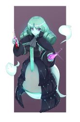 Rule 34 | 1girl, black dress, breasts, crystal, dress, full body, ghost, green hair, highres, holding, holding test tube, looking to the side, medium breasts, medium hair, monster girl, nanostar, original, parted bangs, pointy ears, purple eyes, smile, solo, test tube
