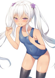 Rule 34 | 1girl, alexmaster, bare arms, bare shoulders, black thighhighs, blue one-piece swimsuit, blush, breasts, cameltoe, collarbone, feet out of frame, flower, grin, hair between eyes, hair flower, hair ornament, hands up, long hair, looking at viewer, old school swimsuit, one-piece swimsuit, original, parted lips, purple eyes, purple flower, school swimsuit, simple background, small breasts, smile, solo, swimsuit, thighhighs, twintails, very long hair, white background, white hair